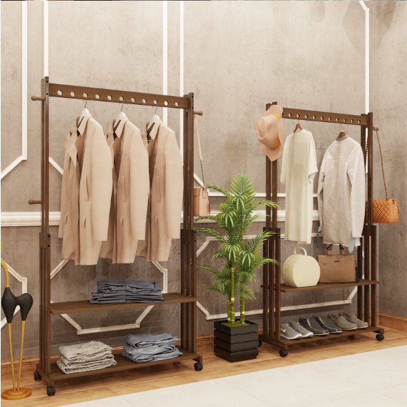 Bamboe Kledingrek met Wielen – Kapstok met Legplanken 104×32,2×166 cm