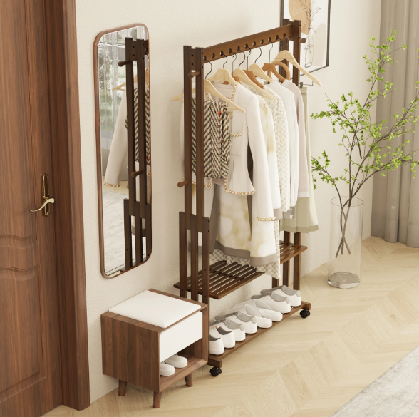 Bamboe Kledingrek met Wielen – Kapstok met Legplanken 104×32,2×166 cm