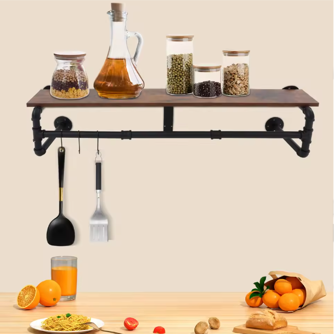 Wandkapstok met Plank en 3 Haken – Industrieel Wandrek met Kledingroede