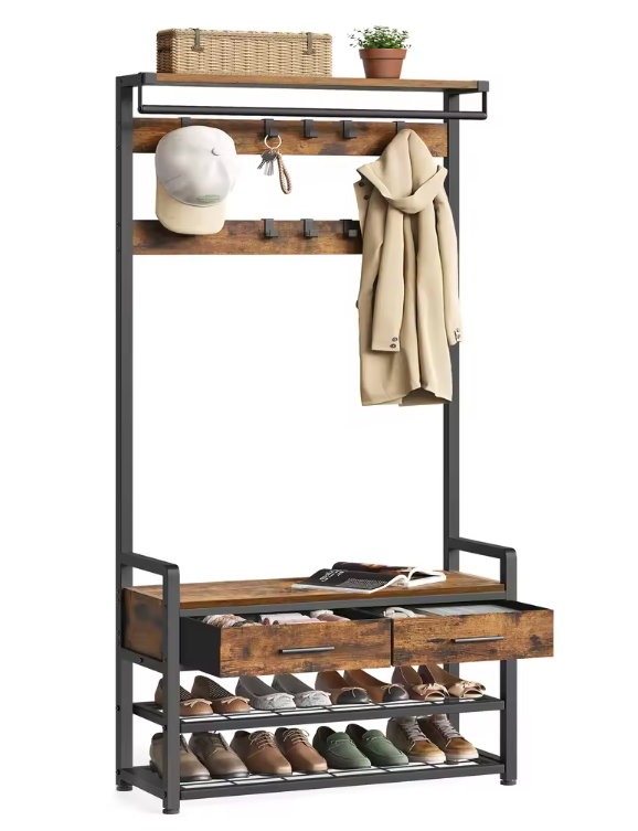Kapstok met Schoenenbank en Lades – 6-in-1 Halmeubel met Haken, Plank en Zitbank