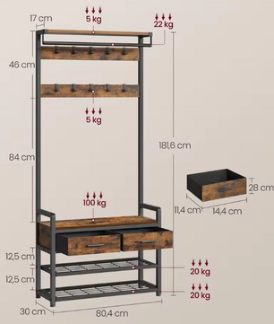 Kapstok met Schoenenbank en Lades – 6-in-1 Halmeubel met Haken, Plank en Zitbank