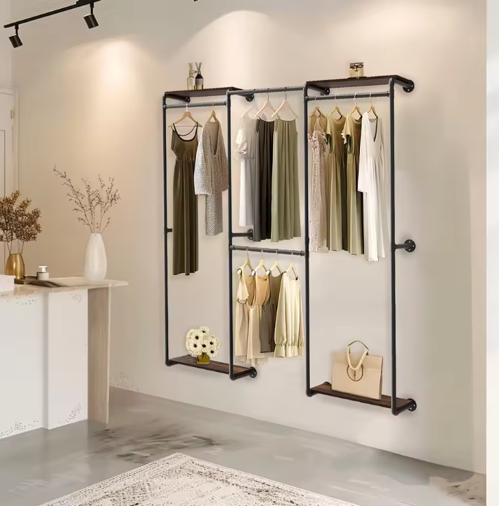 Industriële Wandkapstok met L-vorm Kledingrek – IJzeren Garderoberek met Planken en Hanger