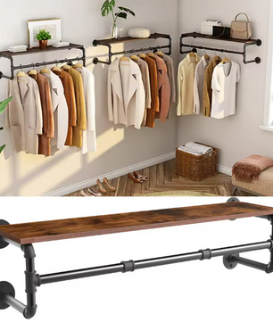 Industriële Wandkapstok met Houten Plank – Kledingrek van Metaal & Hout