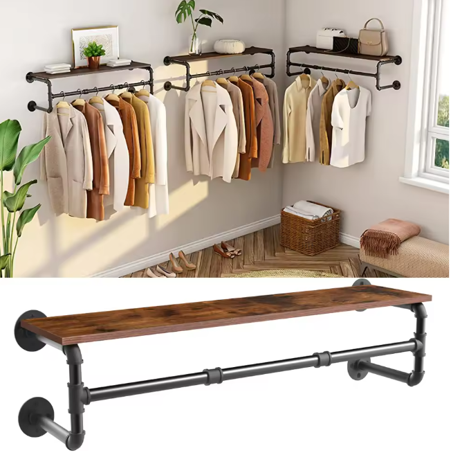 Industriële Wandkapstok met Houten Plank – Kledingrek van Metaal & Hout
