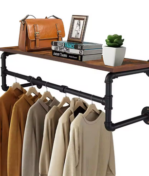 Industriële Wandkapstok met Houten Plank – Kledingrek van Metaal & Hout