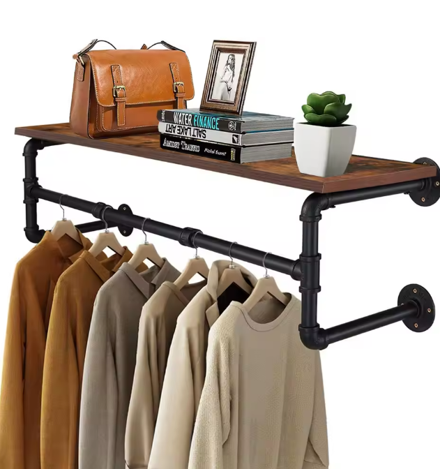 Industriële Wandkapstok met Houten Plank – Kledingrek van Metaal & Hout
