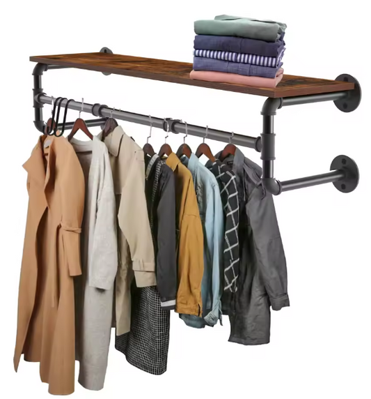 Industriële Wandkapstok met Houten Plank – Kledingrek van Metaal & Hout