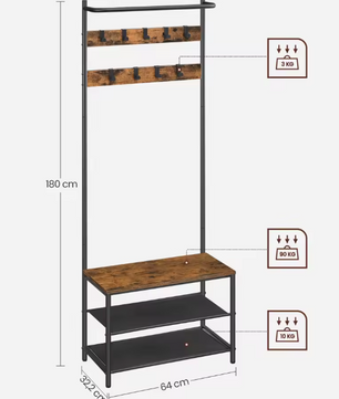 Kapstok met Zitbank en Schoenopslag – 3-in-1 Garderoberek met 9 Haken