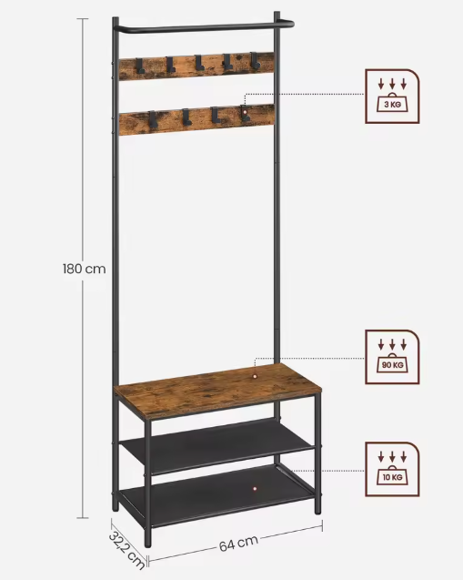 Kapstok met Zitbank en Schoenopslag – 3-in-1 Garderoberek met 9 Haken
