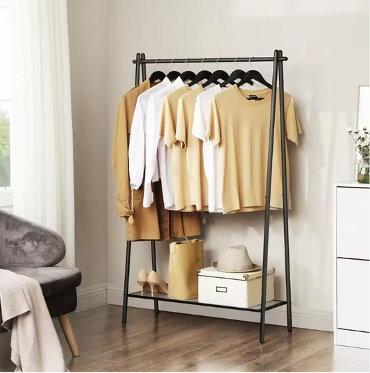 Minimalistische Kledingstandaard met Staalframe – Kapstok met Legplank & Hangroede, 92,5×33,5×153 cm