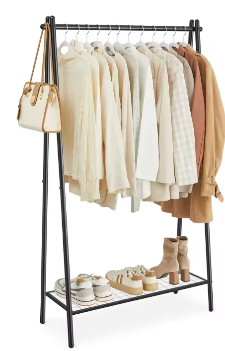 Minimalistische Kledingstandaard met Staalframe – Kapstok met Legplank & Hangroede, 92,5×33,5×153 cm