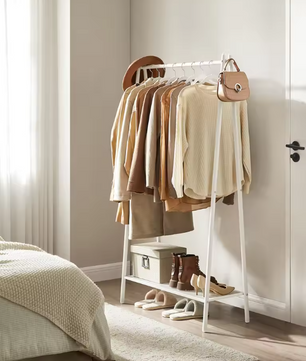 Minimalistische Kledingstandaard met Staalframe – Kapstok met Legplank & Hangroede, 92,5×33,5×153 cm