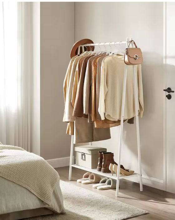 Minimalistische Kledingstandaard met Staalframe – Kapstok met Legplank & Hangroede, 92,5×33,5×153 cm