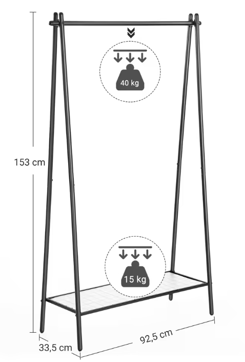 Minimalistische Kledingstandaard met Staalframe – Kapstok met Legplank & Hangroede, 92,5×33,5×153 cm