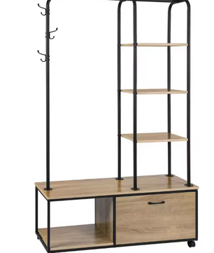 Vrijstaande Kledingrek met Kapstokhaken, Legplanken & Kast – Industrieel Design op Wieltjes, 110×37,5×160 cm
