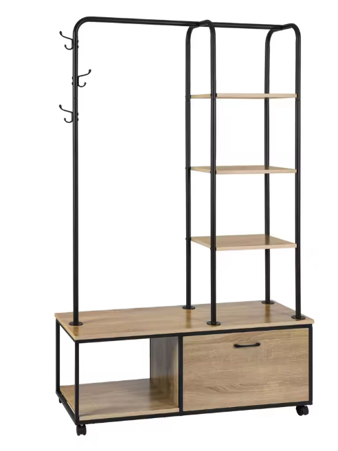 Vrijstaande Kledingrek met Kapstokhaken, Legplanken & Kast – Industrieel Design op Wieltjes, 110×37,5×160 cm