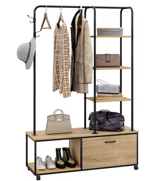 Vrijstaande Kledingrek met Kapstokhaken, Legplanken & Kast – Industrieel Design op Wieltjes, 110×37,5×160 cm