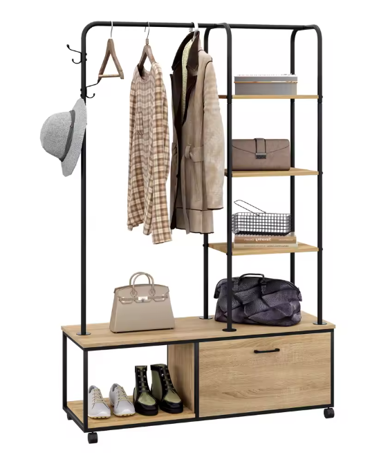 Vrijstaande Kledingrek met Kapstokhaken, Legplanken & Kast – Industrieel Design op Wieltjes, 110×37,5×160 cm