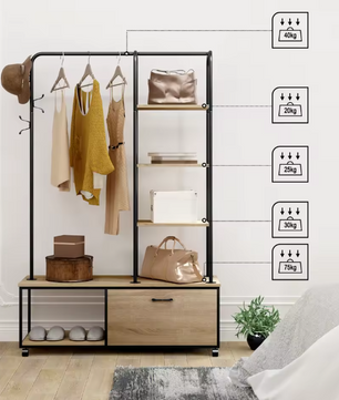 Vrijstaande Kledingrek met Kapstokhaken, Legplanken & Kast – Industrieel Design op Wieltjes, 110×37,5×160 cm