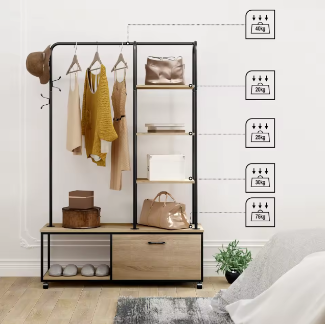Vrijstaande Kledingrek met Kapstokhaken, Legplanken & Kast – Industrieel Design op Wieltjes, 110×37,5×160 cm
