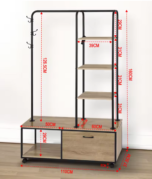 Vrijstaande Kledingrek met Kapstokhaken, Legplanken & Kast – Industrieel Design op Wieltjes, 110×37,5×160 cm