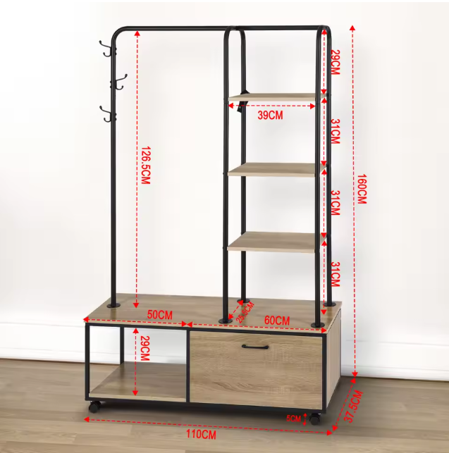 Vrijstaande Kledingrek met Kapstokhaken, Legplanken & Kast – Industrieel Design op Wieltjes, 110×37,5×160 cm
