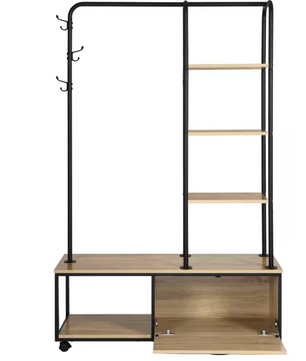 Vrijstaande Kledingrek met Kapstokhaken, Legplanken & Kast – Industrieel Design op Wieltjes, 110×37,5×160 cm