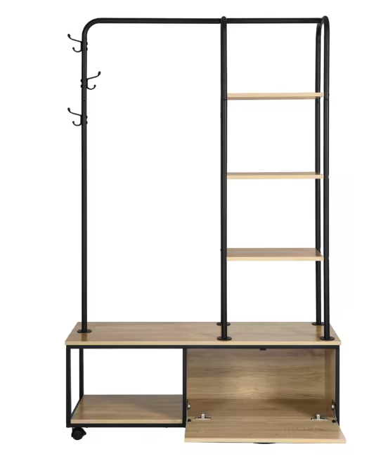 Vrijstaande Kledingrek met Kapstokhaken, Legplanken & Kast – Industrieel Design op Wieltjes, 110×37,5×160 cm