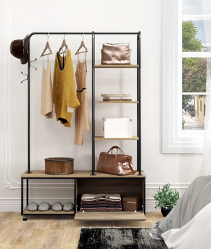 Vrijstaande Kledingrek met Kapstokhaken, Legplanken & Kast – Industrieel Design op Wieltjes, 110×37,5×160 cm