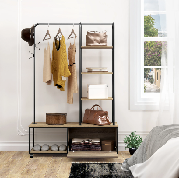 Vrijstaande Kledingrek met Kapstokhaken, Legplanken & Kast – Industrieel Design op Wieltjes, 110×37,5×160 cm
