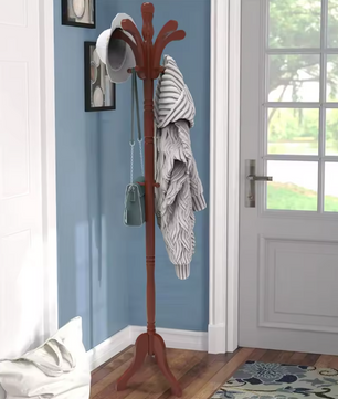 Vrijstaande Kapstokstandaard van Massief Berkenhout – Met Haken & Driepoot Basis, 177×46,5 cm