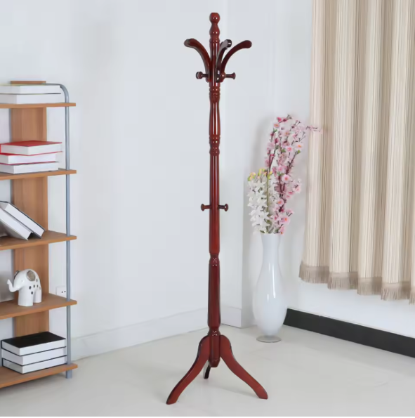 Vrijstaande Kapstokstandaard van Massief Berkenhout – Met Haken & Driepoot Basis, 177×46,5 cm