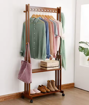 Vrijstaand Bamboe Kledingrek met Haken, Legplanken & Wielen – Vintage Walnoot Design, 104×32,2×166 cm