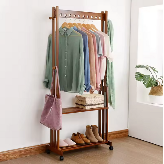 Vrijstaand Bamboe Kledingrek met Haken, Legplanken & Wielen – Vintage Walnoot Design, 104×32,2×166 cm