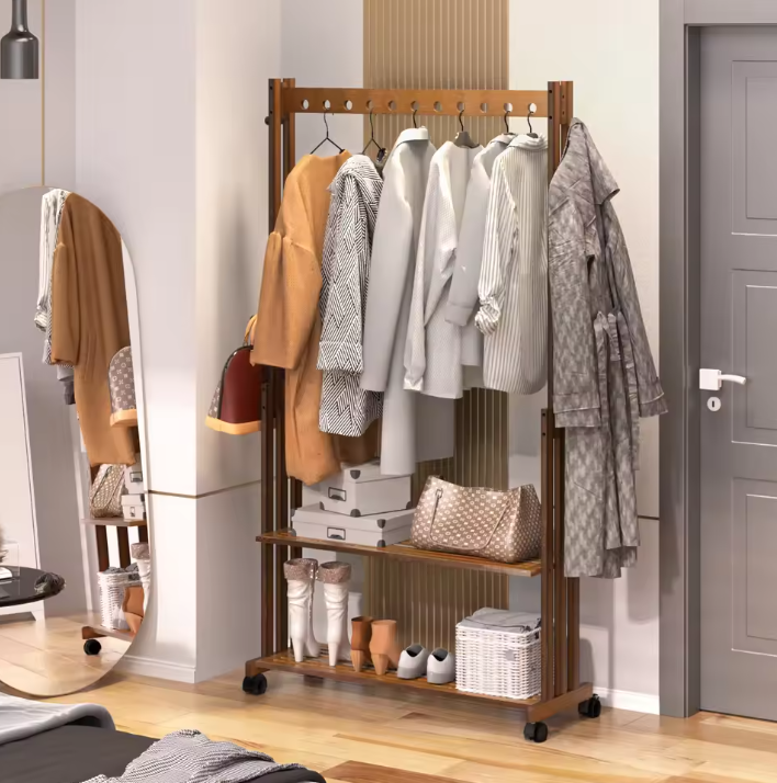 Vrijstaand Bamboe Kledingrek met Haken, Legplanken & Wielen – Vintage Walnoot Design, 104×32,2×166 cm