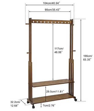 Vrijstaand Bamboe Kledingrek met Haken, Legplanken & Wielen – Vintage Walnoot Design, 104×32,2×166 cm