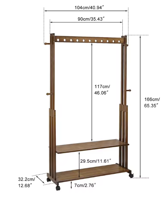 Vrijstaand Bamboe Kledingrek met Haken, Legplanken & Wielen – Vintage Walnoot Design, 104×32,2×166 cm