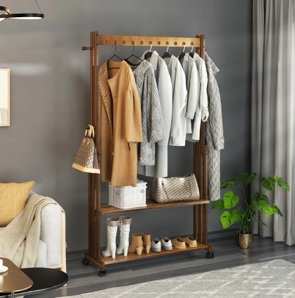 Vrijstaand Bamboe Kledingrek met Haken, Legplanken & Wielen – Vintage Walnoot Design, 104×32,2×166 cm