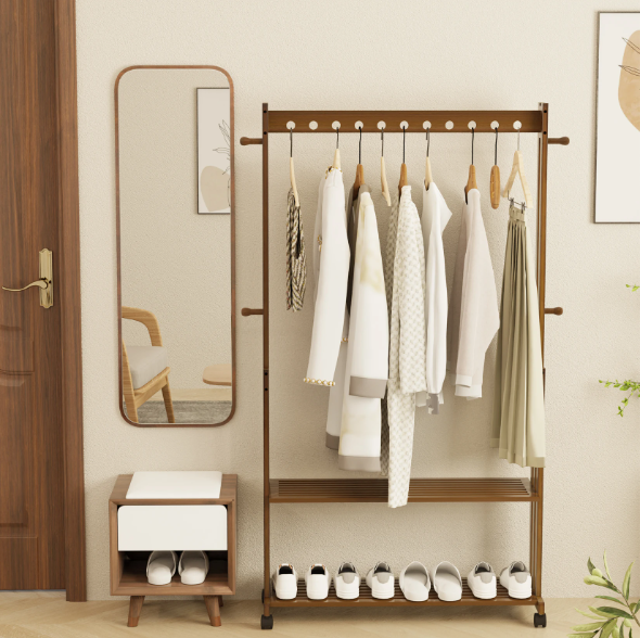 Vrijstaand Bamboe Kledingrek met Haken, Legplanken & Wielen – Vintage Walnoot Design, 104×32,2×166 cm