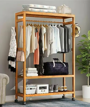 Bamboe Kledingrek met Haken, 3 Legplanken & Wielen – Vrijstaand, 80×35×165 cm