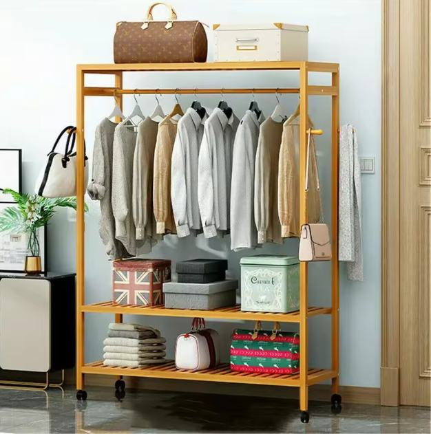 Bamboe Kledingrek met Haken, 3 Legplanken & Wielen – Vrijstaand, 80×35×165 cm