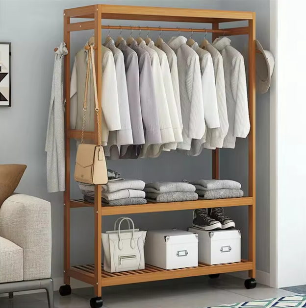Bamboe Kledingrek met Haken, 3 Legplanken & Wielen – Vrijstaand, 80×35×165 cm