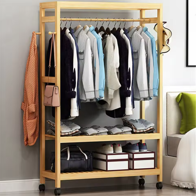 Bamboe Kledingrek met Haken, 3 Legplanken & Wielen – Vrijstaand, 80×35×165 cm