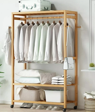 Bamboe Kledingrek met Haken, 3 Legplanken & Wielen – Vrijstaand, 80×35×165 cm