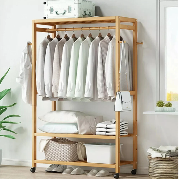 Bamboe Kledingrek met Haken, 3 Legplanken & Wielen – Vrijstaand, 80×35×165 cm