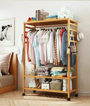 Bamboe Kledingrek met Haken, 3 Legplanken & Wielen – Vrijstaand, 80×35×165 cm