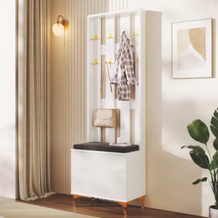 Luxe Garderobekast met Bankje, Schoenenopslag & Kapstokhaken – Modern Design, 60,5×35,2×180,5 cm