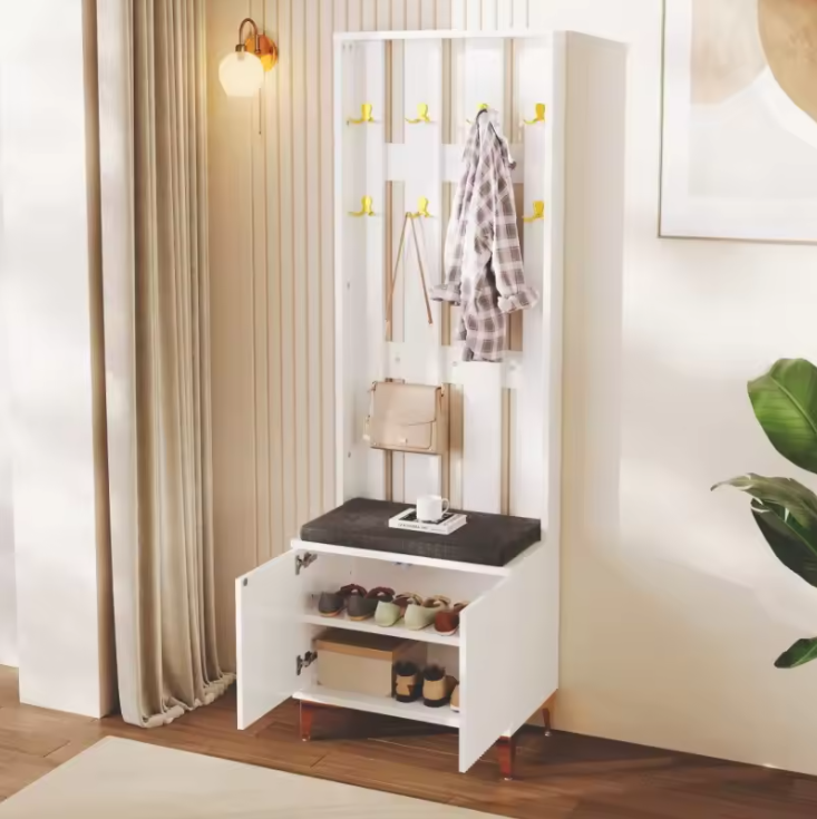 Luxe Garderobekast met Bankje, Schoenenopslag & Kapstokhaken – Modern Design, 60,5×35,2×180,5 cm