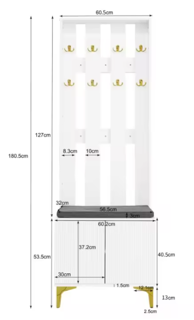 Luxe Garderobekast met Bankje, Schoenenopslag & Kapstokhaken – Modern Design, 60,5×35,2×180,5 cm