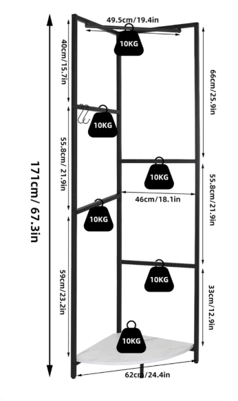 Metalen Hoekkast Kapstokrek met Legplank & Haken – Vrijstaand, 62×171 cm
